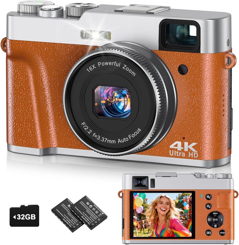 FlyFrost 4K Digital Camera for Photography, 48MP Autofocus Vlogging Cameras with 16X Digital Zoom, 2.8" LCD Point and Shoot Camera for YouTube, Anti-Shake Compact Cameras with 32GB Micro SD Card & 2 Batteries - Image 1